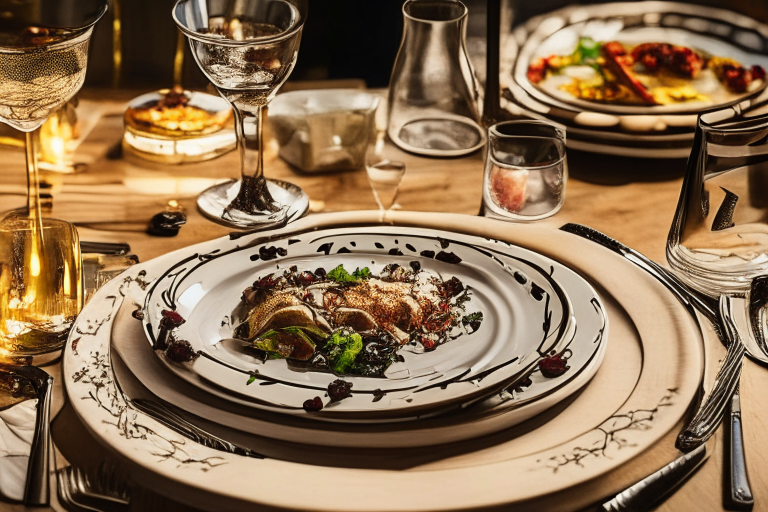a close-up view of the table, a look at the level of the countertop, there are plates with food and glasses on the table