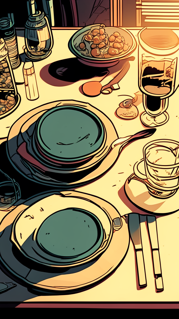 A close-up view of the table, a look at the level of the countertop, there are plates with food and glasses on the table, in the retro comic style, 9:16