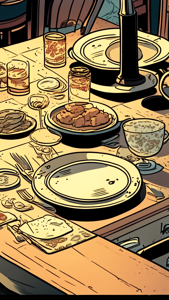 A close-up view of the table, a look at the level of the countertop, there are plates with food and glasses on the table, in the retro comic style, 9:16