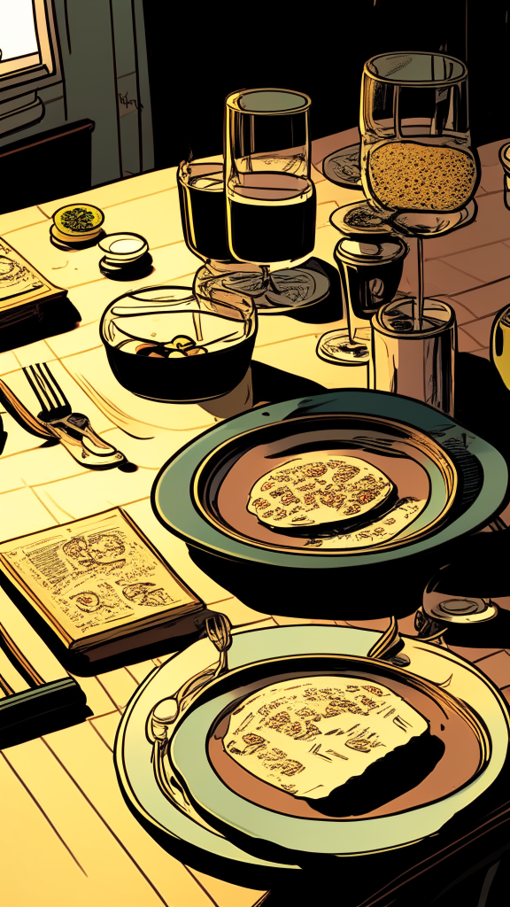 Close-up view of the table, we look into perspective at the level of the countertop, there are plates with food and glasses on the table, in the style of retro comics, 9:16