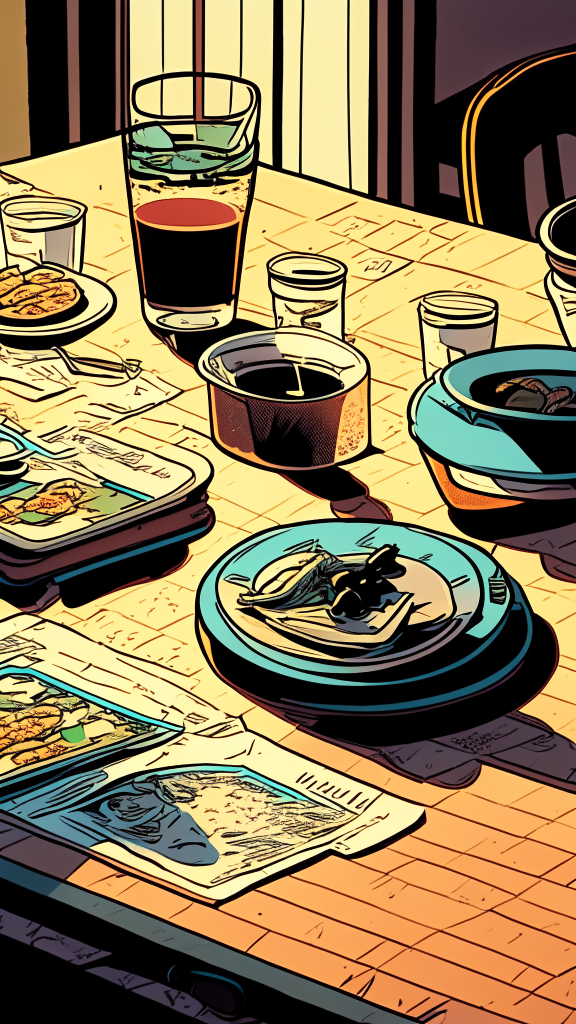 Close-up view of the table, we look into perspective at the level of the countertop, there are plates with food and glasses on the table, in the style of retro comics, 9:16