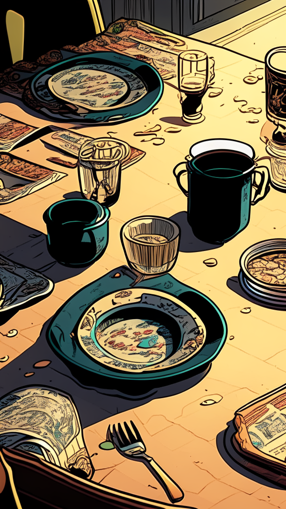 Close-up view of the table, we look into perspective at the level of the countertop, there are plates with food and glasses on the table, in the style of retro comics, 9:16