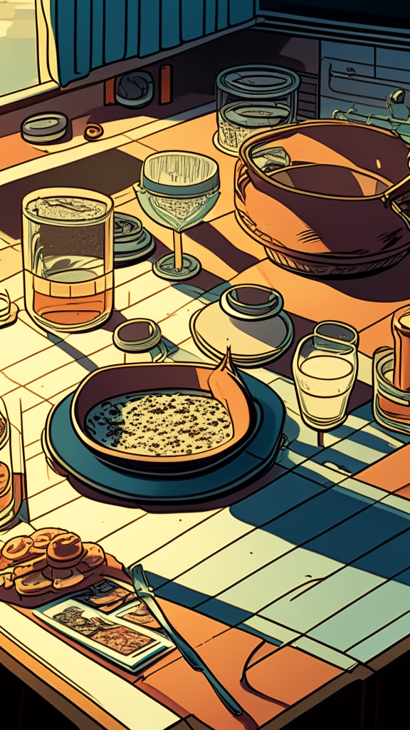 Close-up perspective view at the level of the countertop, there are plates with food and glasses on the table, retro comic style, 9:16
