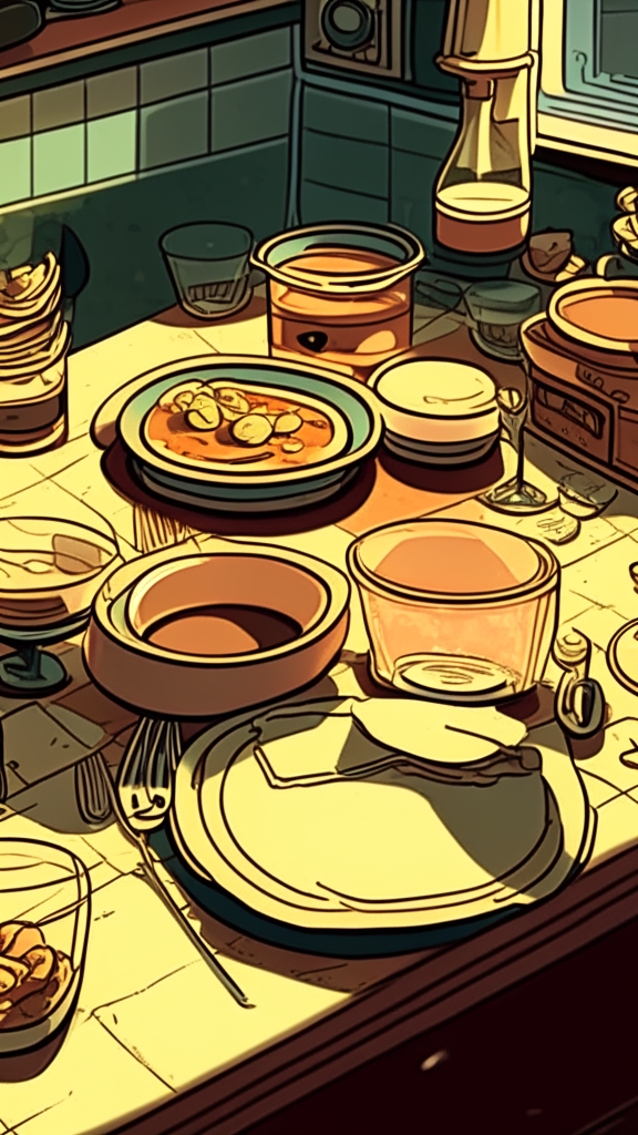 Close-up perspective view at the level of the countertop, there are plates with food and glasses on the table, retro comic style, 9:16