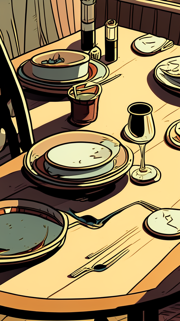Side view of the table. Close-up perspective view at the level of the countertop, there are plates with food and glasses on the table, retro comic style, 9:16