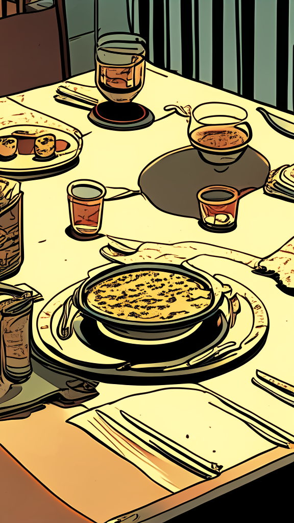 Side view of the table. Close-up perspective view at the level of the countertop, there are plates with food and glasses on the table, retro comic style, 9:16