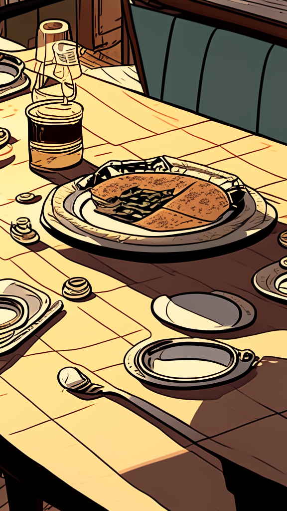 Side view of the table. Close-up perspective view at the level of the countertop, there are plates with food and glasses on the table, retro comic style, 9:16