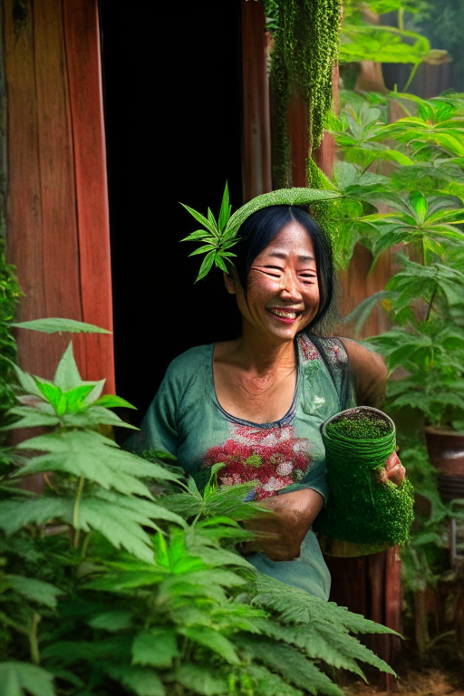 Generate a voluptuous Thai female ganja farmer happily growing cannabis outside her house in Chiang Mai