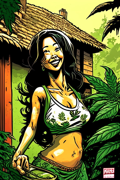 Generate a voluptuous Thai female ganja farmer happily growing cannabis outside her house in Chiang Mai in Todd McFarlane's artwork style 