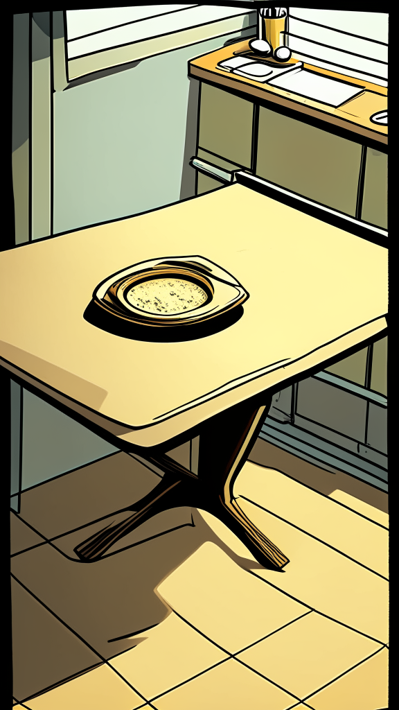 Side view of the table. Perspective view slightly above the level of the countertop, retro comic style, 9:16