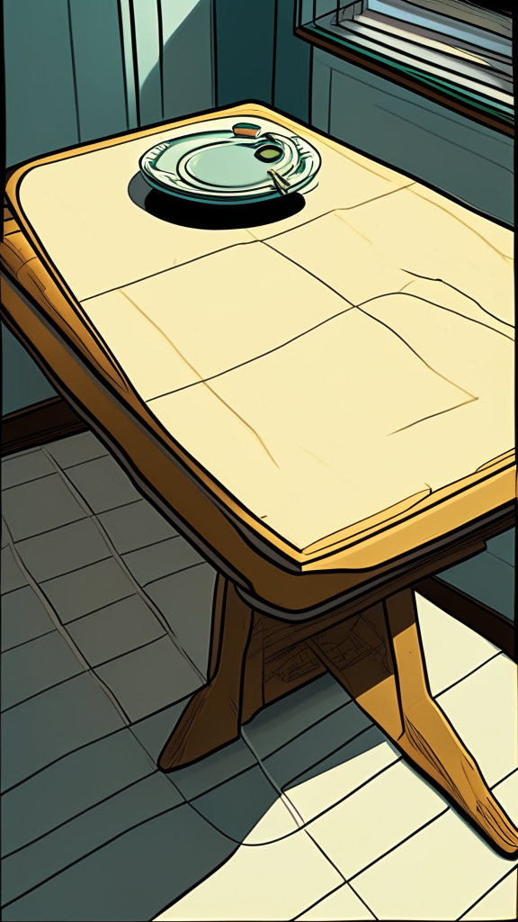 Side view of the table. Perspective view slightly above the level of the countertop, retro comic style, 9:16