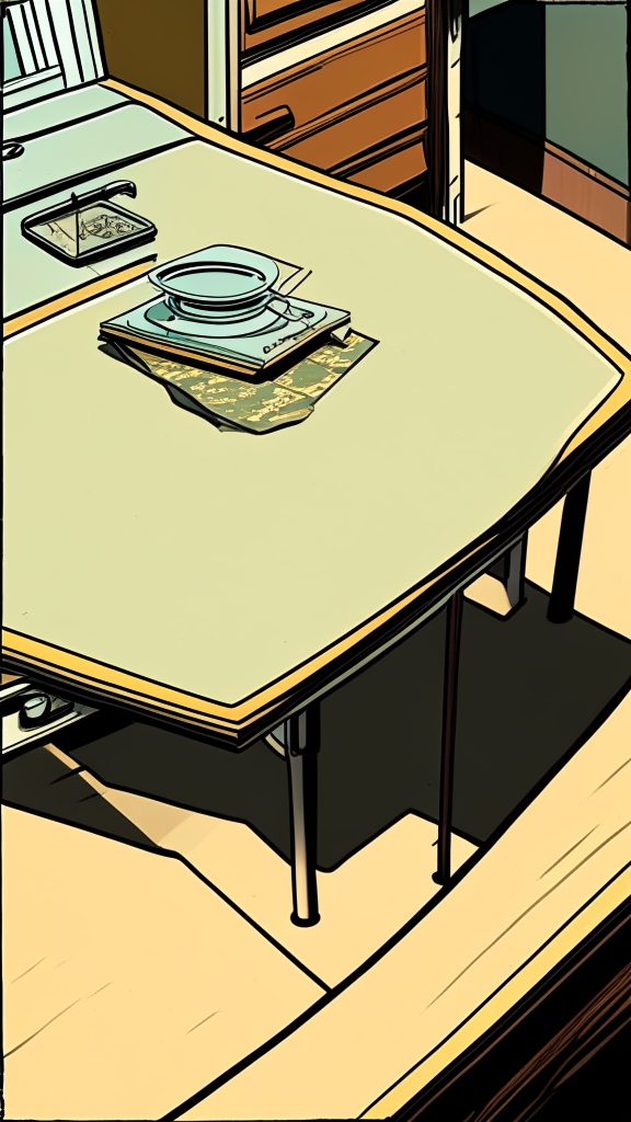 Side view of the table. Perspective view slightly above the level of the countertop, retro comic style, 9:16