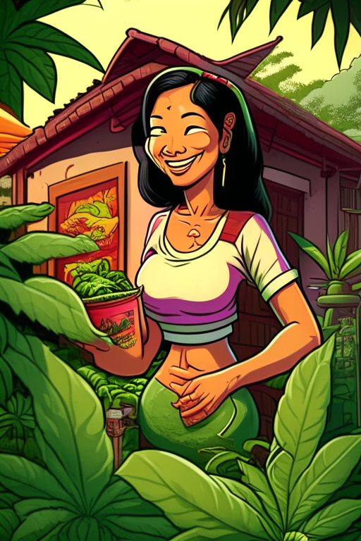 Generate a voluptuous Thai female ganja farmer happily growing cannabis outside her house in Chiang Mai in Futurama's artwork style 