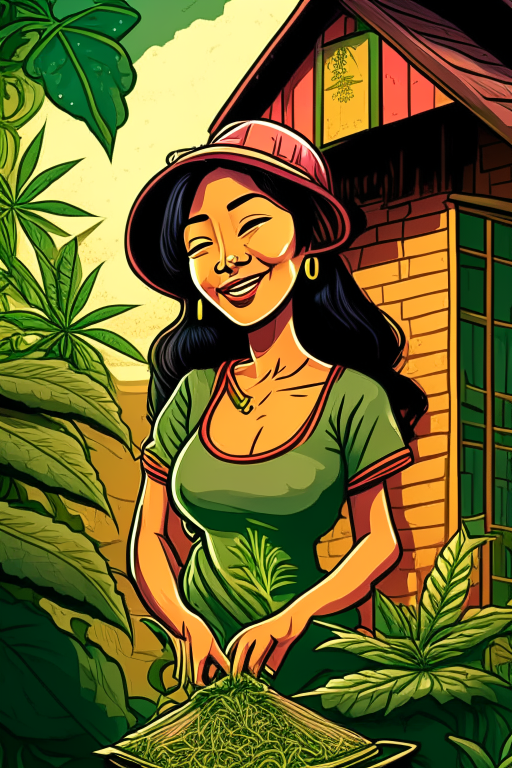 Generate a voluptuous Thai female ganja farmer happily growing cannabis outside her house in Chiang Mai in Simpson's artwork style 