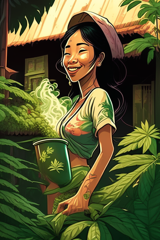 Generate a voluptuous Thai female ganja farmer happily growing cannabis outside her house in Chiang Mai in Animatrix's artwork style 