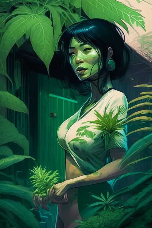 Generate a voluptuous Thai female ganja farmer happily growing cannabis outside her house in Chiang Mai in Ghost in a shell's artwork style 