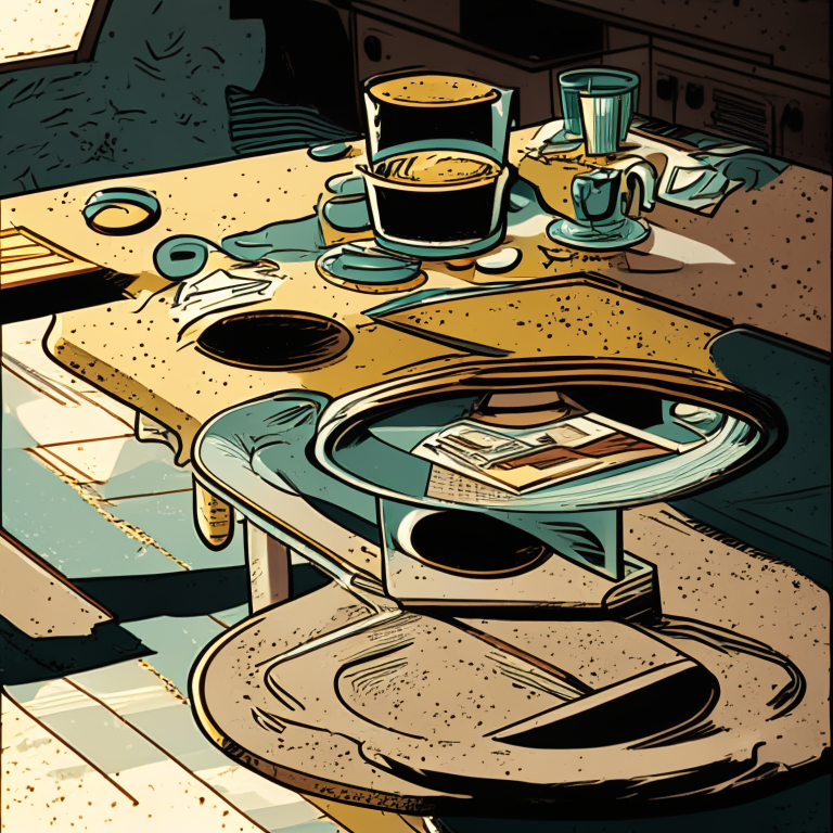 A point of view of the table below, just above the countertop, in the retro comic style