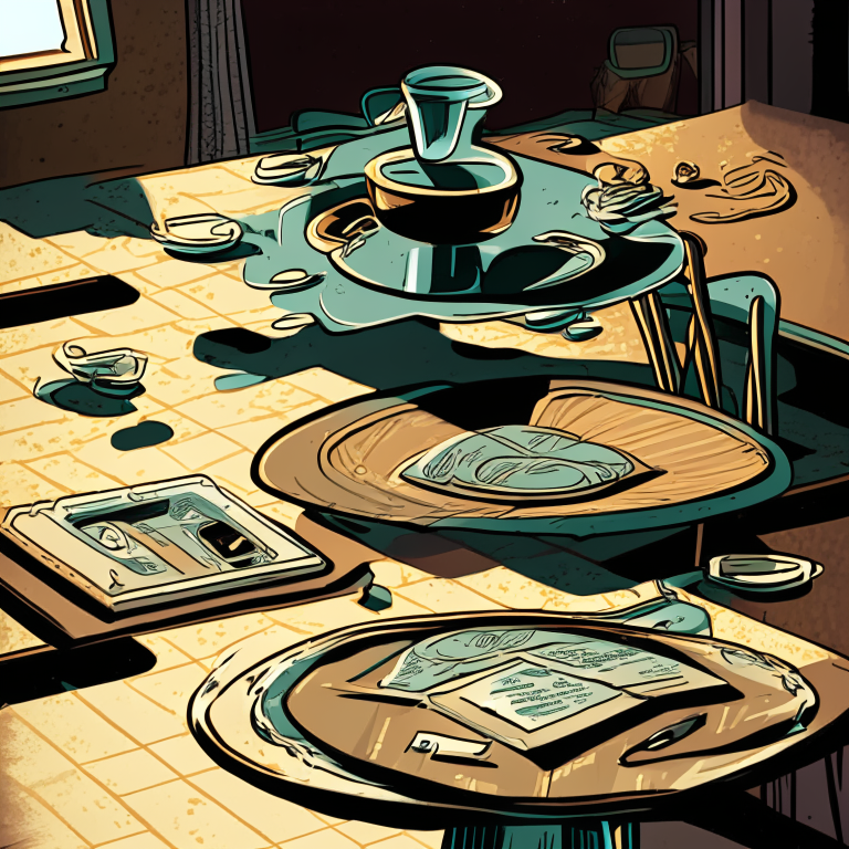 A point of view of the table below, just above the countertop, in the retro comic style