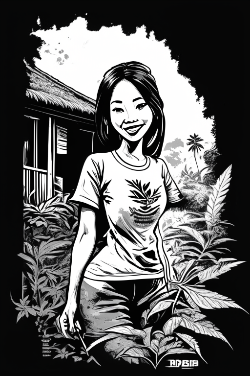 Generate a voluptuous Thai female ganja farmer happily growing cannabis outside her house in Chiang Mai in black and white anime artwork style for Tshirt design