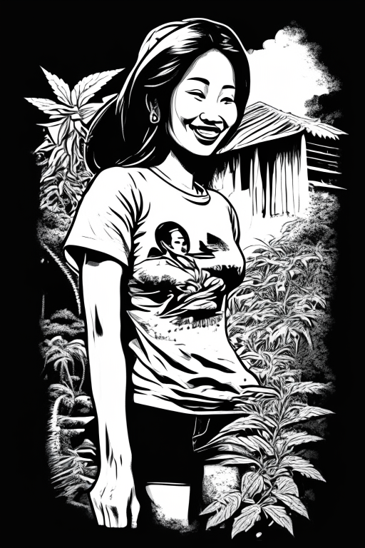 Generate a voluptuous Thai female ganja farmer happily growing cannabis outside her house in Chiang Mai in black and white Picasso's artwork style for Tshirt design