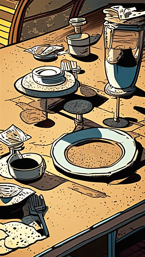 A point of view of the table above the countertop only a few centimeters, in the style of retro comics