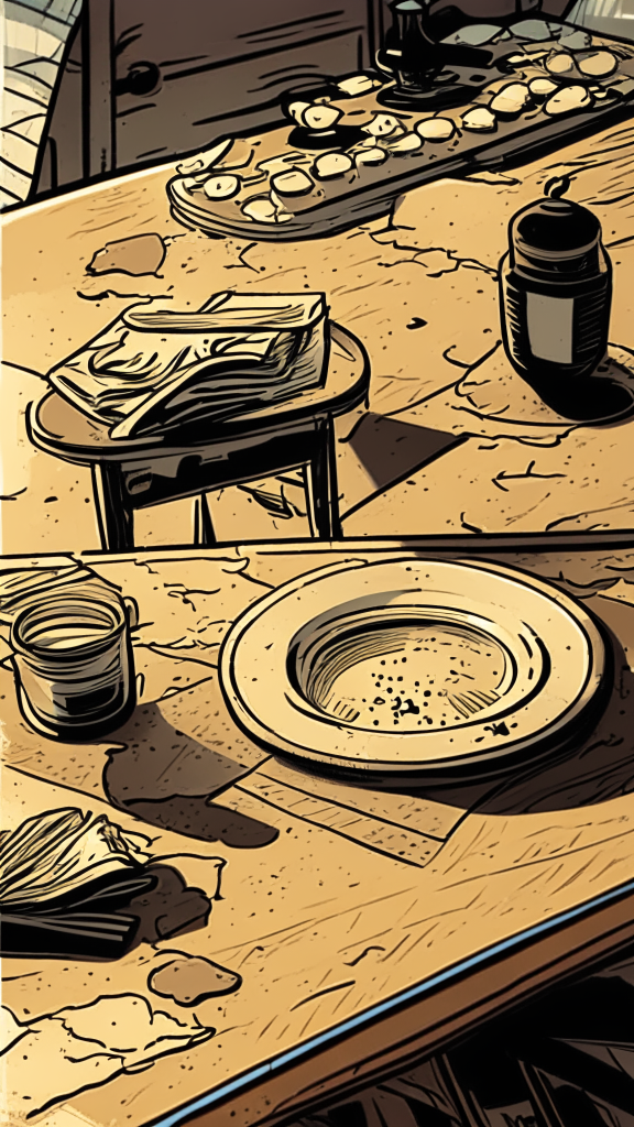 A point of view of the table above the countertop only a few centimeters, in the style of retro comics