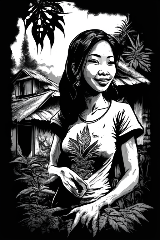 Generate a voluptuous Thai female ganja farmer, smoking ganja, happily growing cannabis outside her house in Chiang Mai in black and white artwork style for Tshirt design