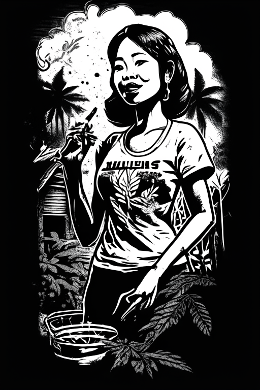 Generate a voluptuous Thai female ganja farmer, smoking ganja, happily growing cannabis outside her house in Chiang Mai in black and white stencil artwork style for Tshirt design