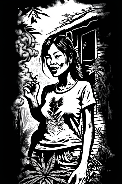 Generate a voluptuous Thai female ganja farmer, smoking ganja, happily growing cannabis outside her house in Chiang Mai in black and white stencil artwork using Todd McFarlane's style for Tshirt design