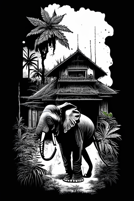 Generate a Thai artwork of an elephant in front a ganja growing house in Chiang Mai in black and white stencil artwork using Todd McFarlane's style for Tshirt design