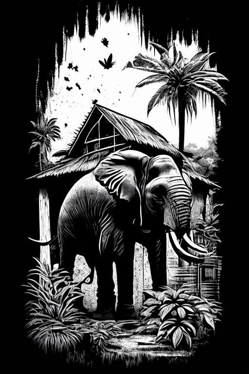 Generate a Thai artwork of an elephant in front a ganja growing house in Chiang Mai in black and white stencil artwork using Todd McFarlane's style for Tshirt design