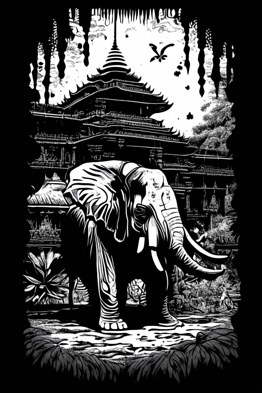 Generate a Thai artwork of an elephant in front a ganja growing temple in Chiang Mai in black and white stencil artwork using Todd McFarlane's style for Tshirt design