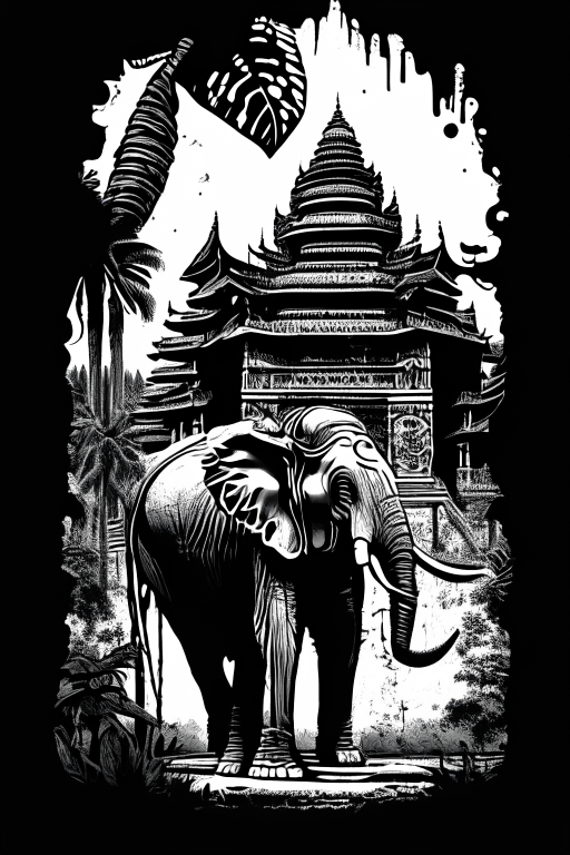 Generate a Thai artwork of an elephant in front a ganja growing temple in Chiang Mai in black and white stencil artwork using Todd McFarlane's style for Tshirt design