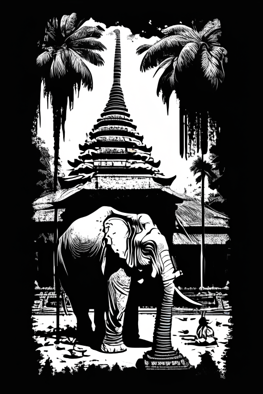 Generate a Thai artwork of an elephant in front a ganja growing temple in Chiang Mai in black and white stencil artwork using Andy Warhol's style for Tshirt design