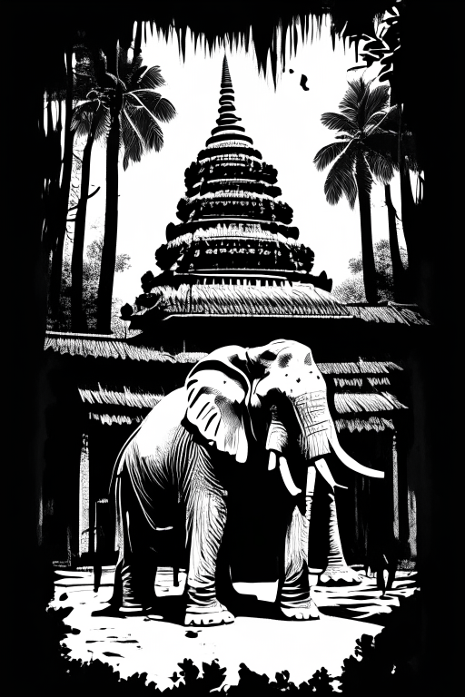 Generate a Thai artwork of an elephant in front a ganja growing temple in Chiang Mai in black and white stencil artwork using Andy Warhol's style for Tshirt design