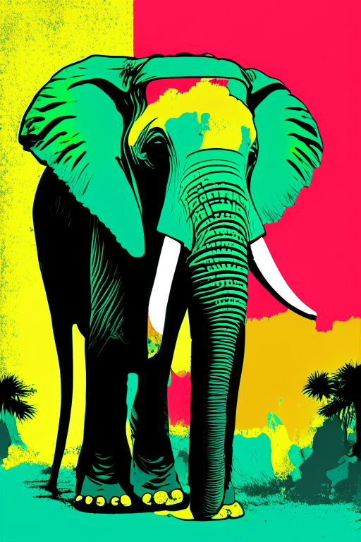 Generate a Thai style artwork using Andy Warhol's style of an modern ganja cultured Thailand as the background with an happy elephant at the front