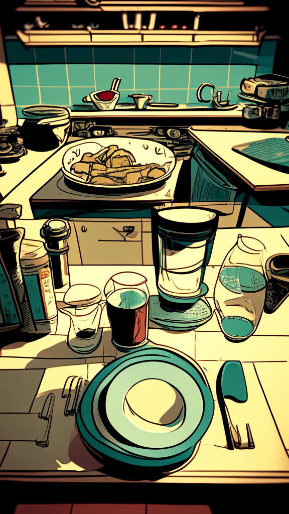 A view from a camera on the countertop of the countertop itself with dishes and glasses on the table, in retro comic style