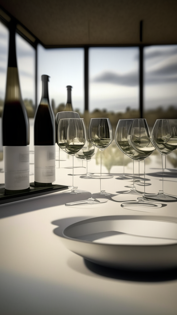 A view from the level of the countertop showing plates and glasses on a surface like a field