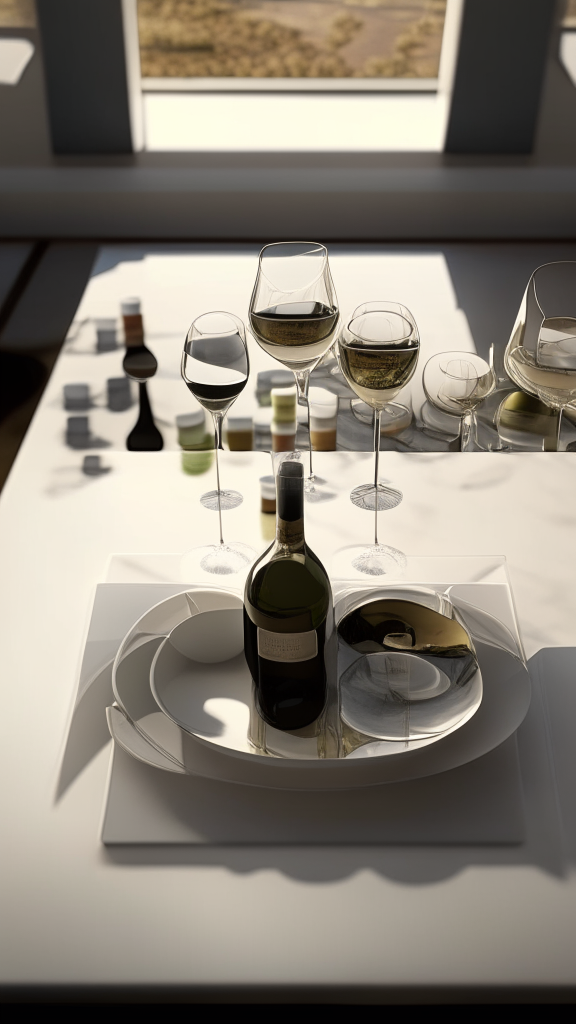 A view from the level of the countertop showing plates and glasses on a surface like a field