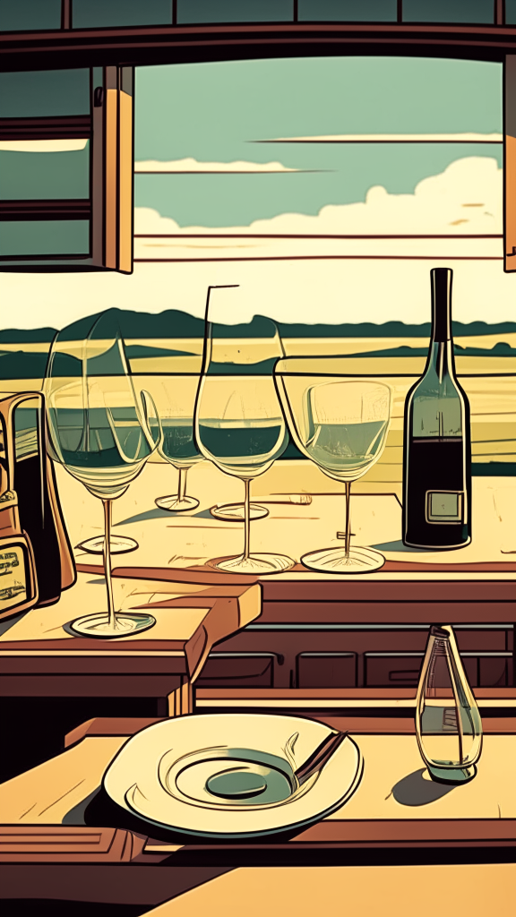 View at the level of the countertop, along the countertop, like a field, on the field of the countertop are plates and glasses, in the retro comic style