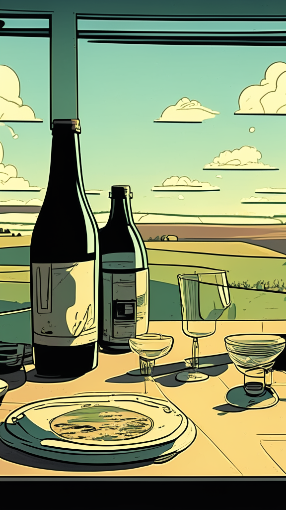 View at the level of the countertop, along the countertop, like a field, on the field of the countertop are plates and glasses, in the retro comic style
