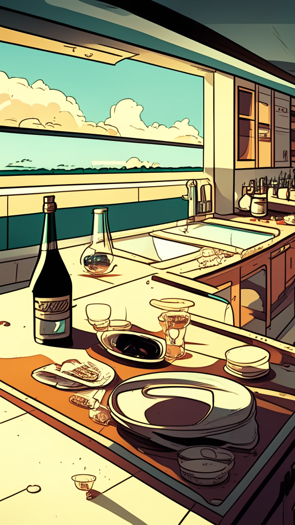 View at the level of the countertop and along the countertop, as on the field, on the field of the countertop there are plates and glasses, in the retro comic style