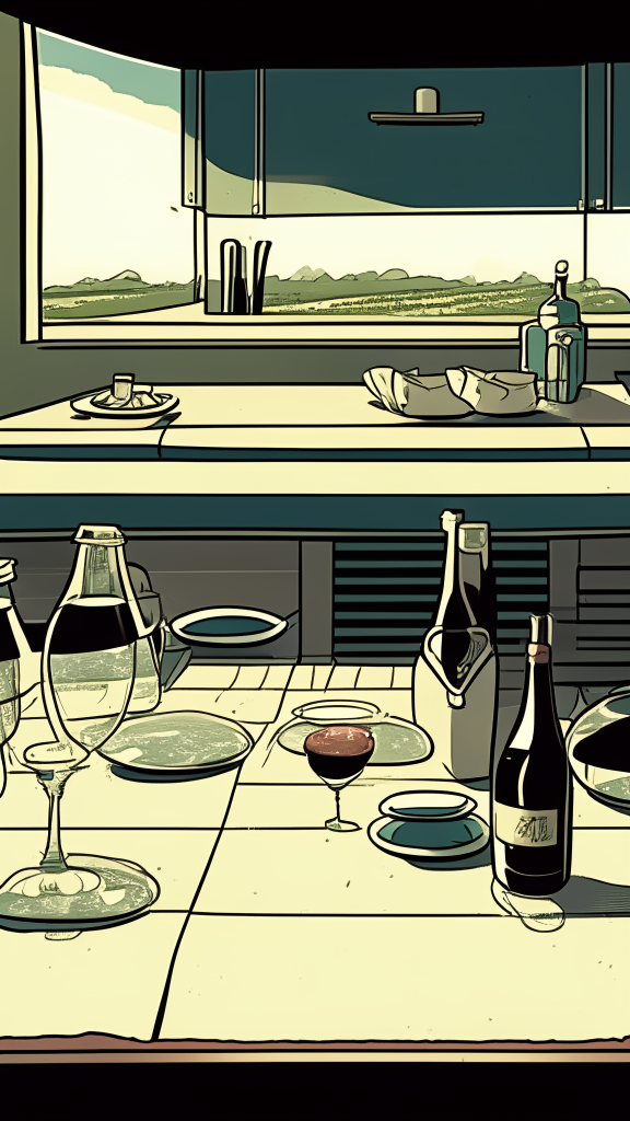 View at the level of the countertop and along the countertop, as on the field, on the field of the countertop there are plates and glasses, in the retro comic style