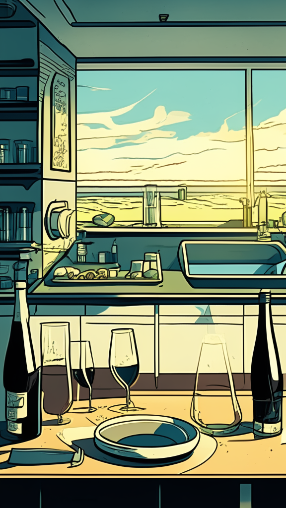 View at the level of the countertop and along the countertop, as on the field, on the field of the countertop there are plates and glasses, in the retro comic style