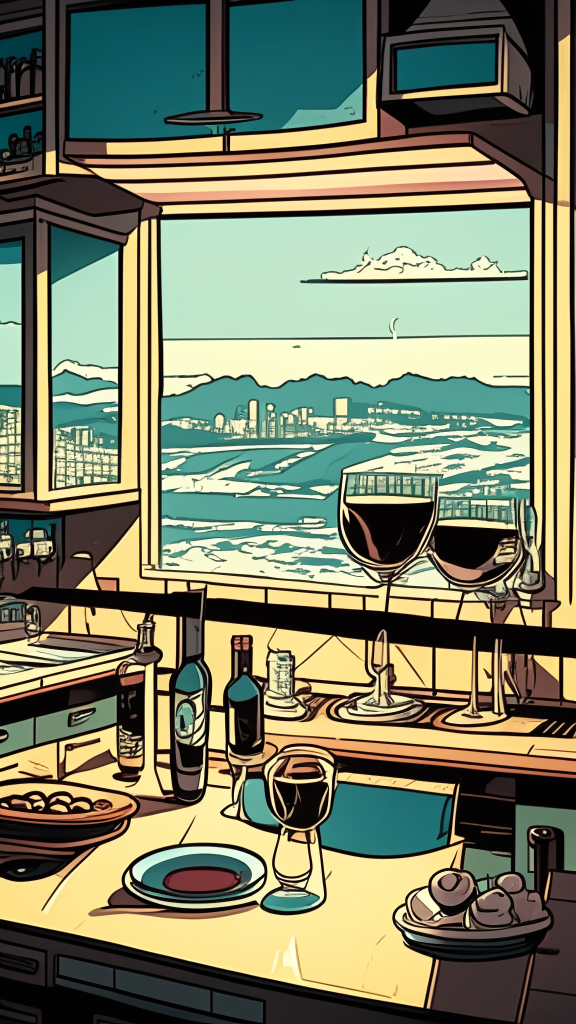 The view is at the level of the countertop and along the countertop, there are plates and glasses on the countertop, in the retro comic style