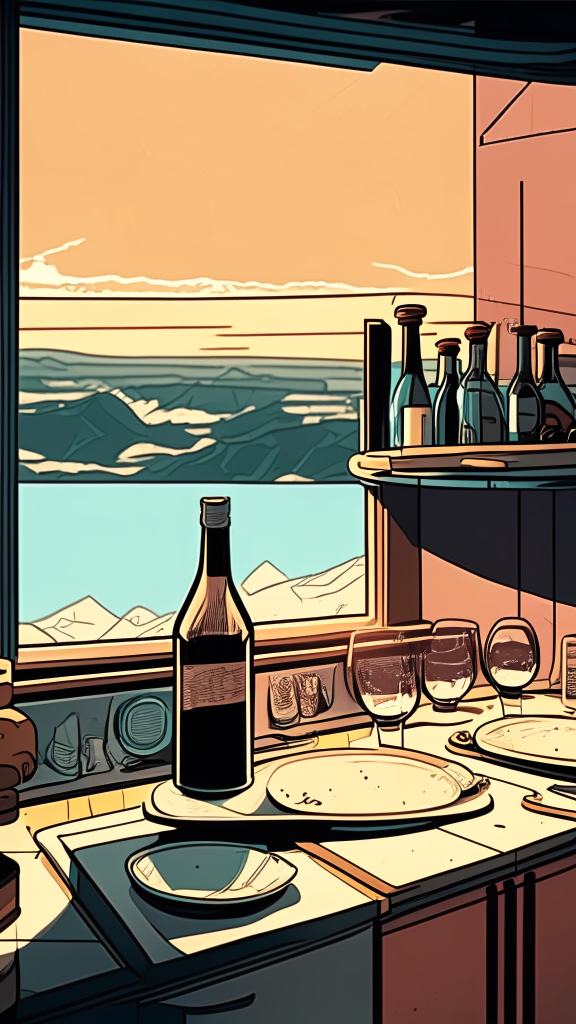 The view is at the level of the countertop and along the countertop, there are plates and glasses on the countertop, in the retro comic style
