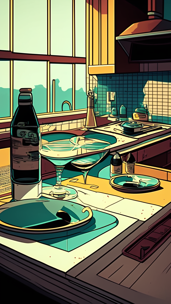 The view is at the level of the countertop and along the countertop, there are plates and glasses on the countertop, in the retro comic style