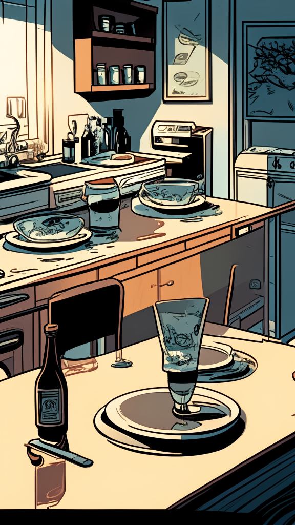 View at the level of the countertop and along the countertop, there are plates and glasses on the countertop, a room with furniture in the background, an image in the retro comic style