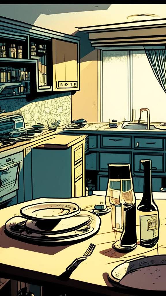 View at the level of the countertop and along the countertop, there are plates and glasses on the countertop, a room with furniture in the background, an image in the retro comic style