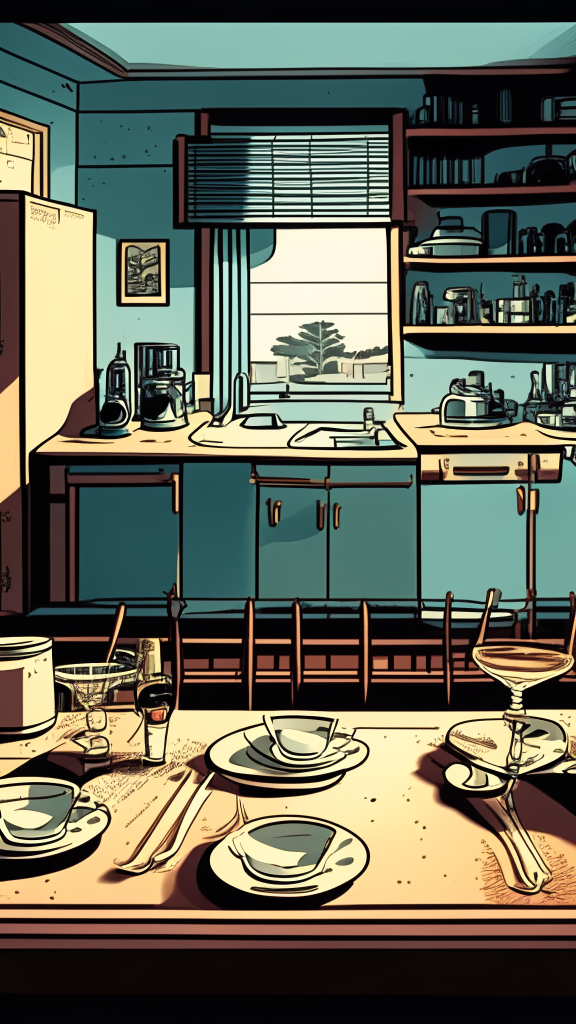 View at the level of the countertop and along the countertop, there are plates and glasses on the countertop, a room with furniture in the background, an image in the retro comic style